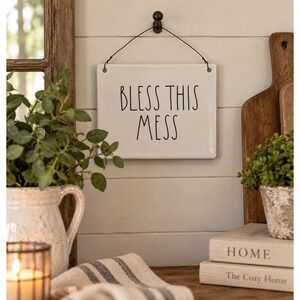 Rae Dunn BLESS THIS MESS Ceramic Hanging Wall Sign Plaque 7.5x6 Farmhouse Decor